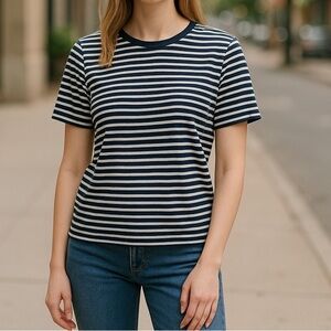 Theory Eligia Velour Stripe Knit Top Short Sleeves Pullover Boxy Women's…